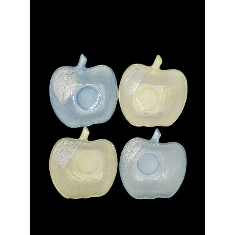 Set Of 4 Apple Shaped Glass Bowls Frosted Etched Leaf KIG INDONESIA Blue Yellow